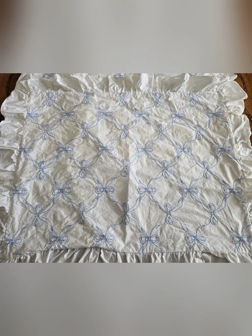 Vintage Hand Embroidered Light Blue Bow Pillow Shams, Set of 2, Fits Standard